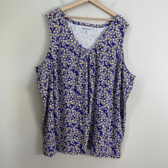 NEW Woman Within Plus 5X Blue Yellow Floral Pleated V Neck Sleeveless Tank Top - Picture 1 of 8